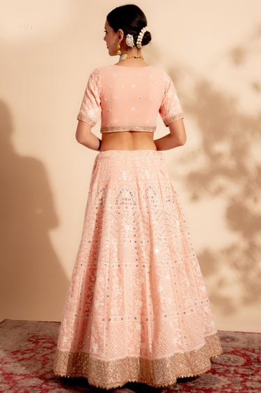 Excellent Georgette Fabric Peach Color Lehenga With Sequins Work