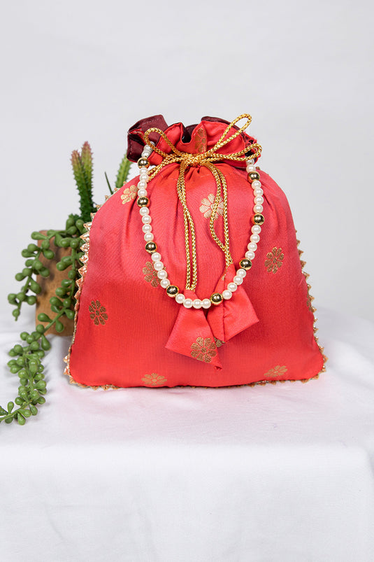 Elegant Art Silk Jacquard Work Peach Color Potli Bag With Moti Handle