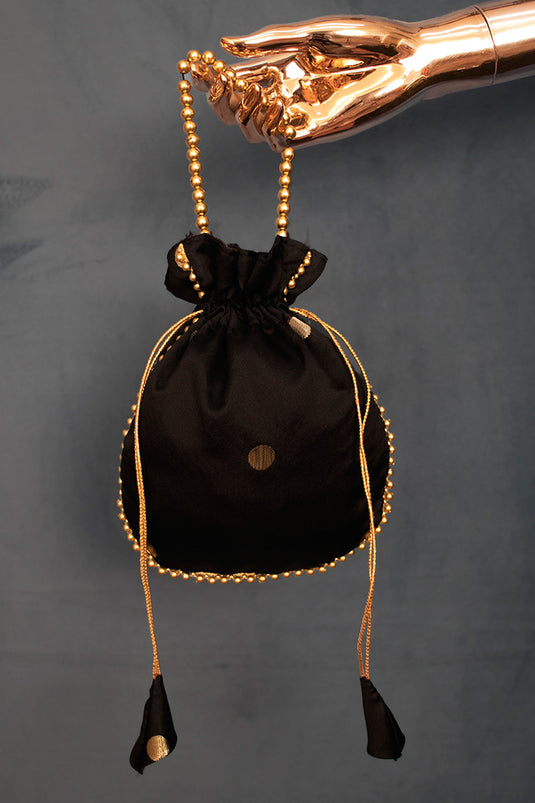 Graceful Black Color Art Silk Jacquard Work Potli Bag With Moti Handle