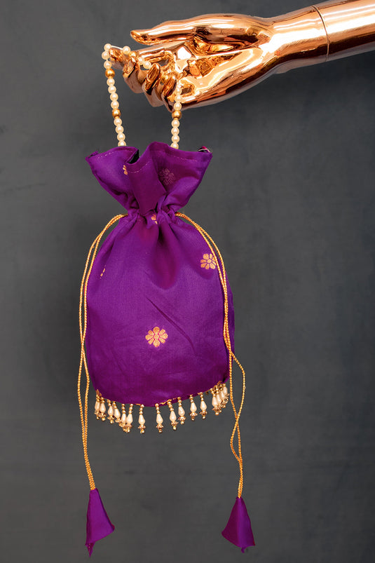 Glamorous Jacquard Work Art Silk Purple Color Potli Bag With Moti Handle