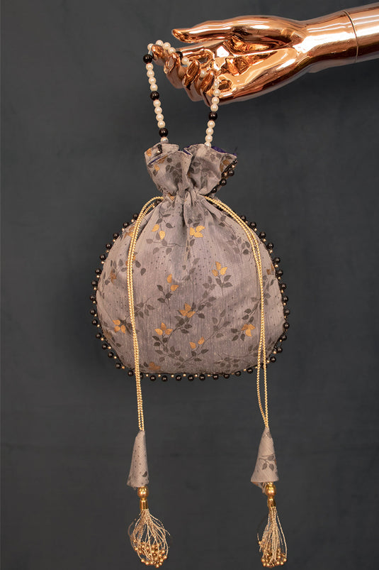 Marvelous Grey Art Silk Jacquard Work Potli Bag With Moti Handle