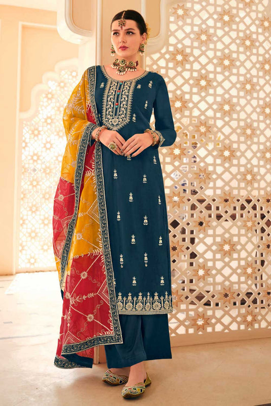 Chinon Fabric Teal Color Supreme Pakistani Replica Suit