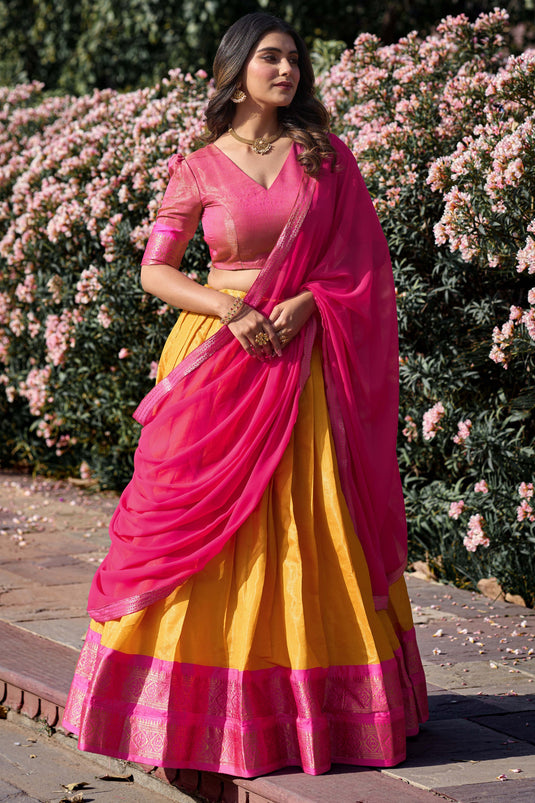 Mustard Color Alluring Kanchipuram With Zari Weaving Lehenga Choli In Art Silk Fabric