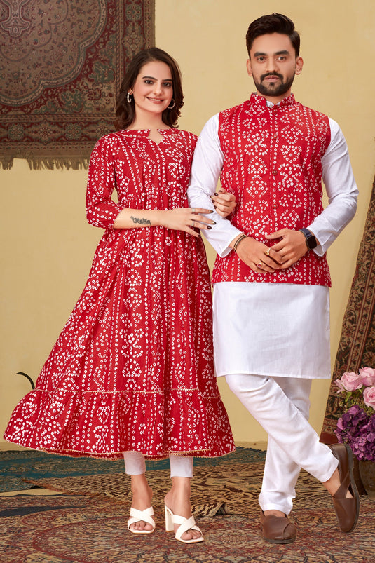 Festive Fashion Cotton Fabric Red Color Readymade Kurta Pyjama With Bandhani Print Jacket