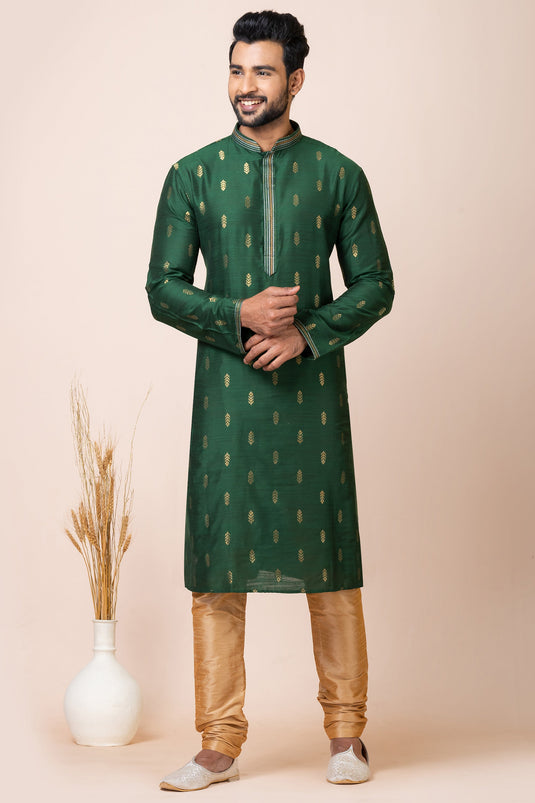 Dazzling Green Color Readymade Kurta Pyjama In Jacquard Fabric