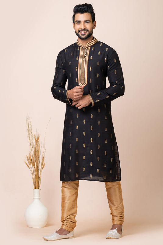 Entrancing Jacquard Fabric Readymade Kurta Pyjama In Black Color