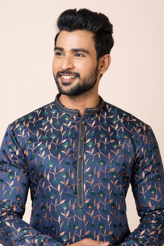 Radiant Navy Blue Color Readymade Jacquard Fabric Kurta Pyjama