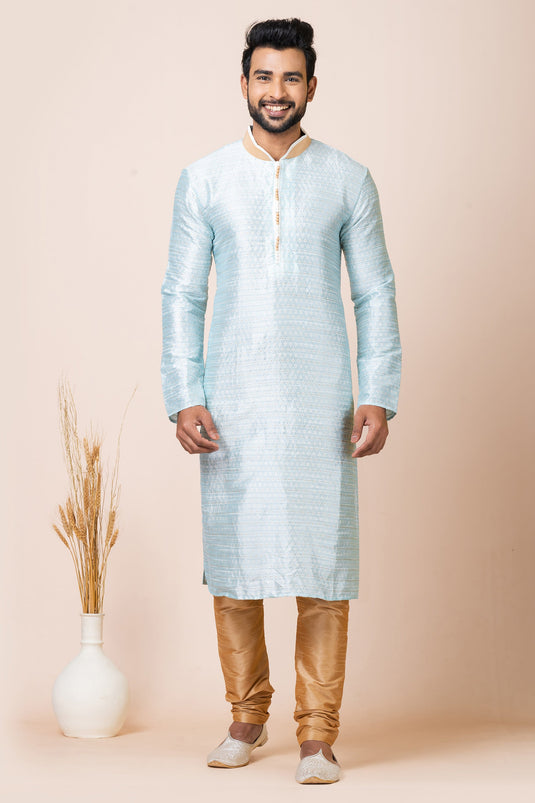 Classic Sky Blue Color Readymade Kurta Pyjama In Jacquard Fabric