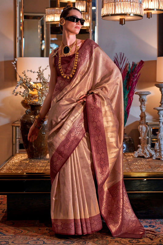 Brown Zari Weaving Work Tissue Fabric Saree