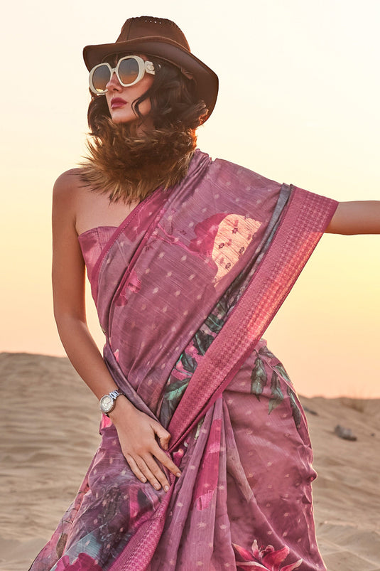Linen Fabric Pink Color Stylish Look Floral Printed Saree