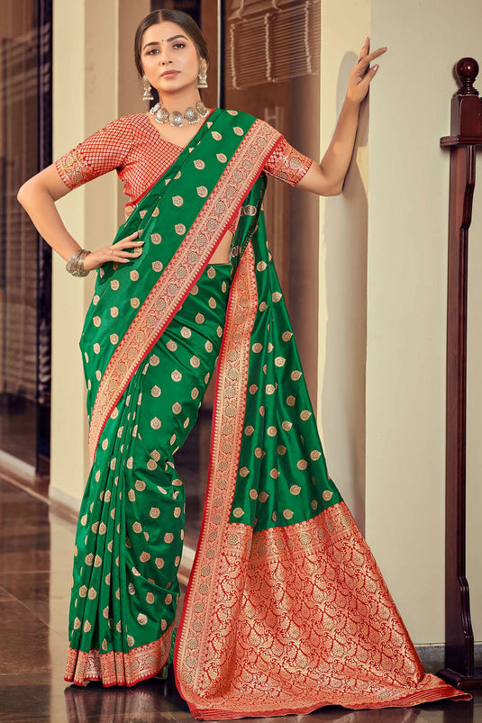 Green Color Silk Fabric Special Saree With Weaving Work