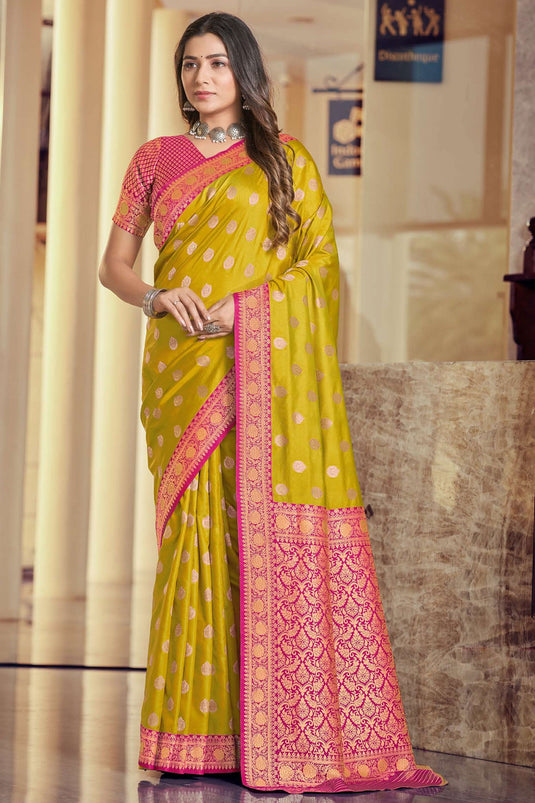 Weaving Work On Silk Fabric Bewitching Saree In Yellow Color