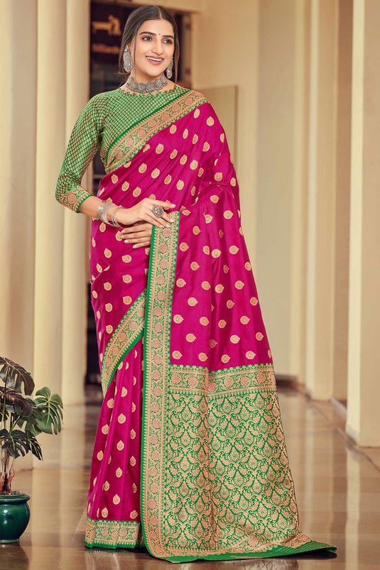Rani Color Silk Fabric Coveted Saree With Weaving Work