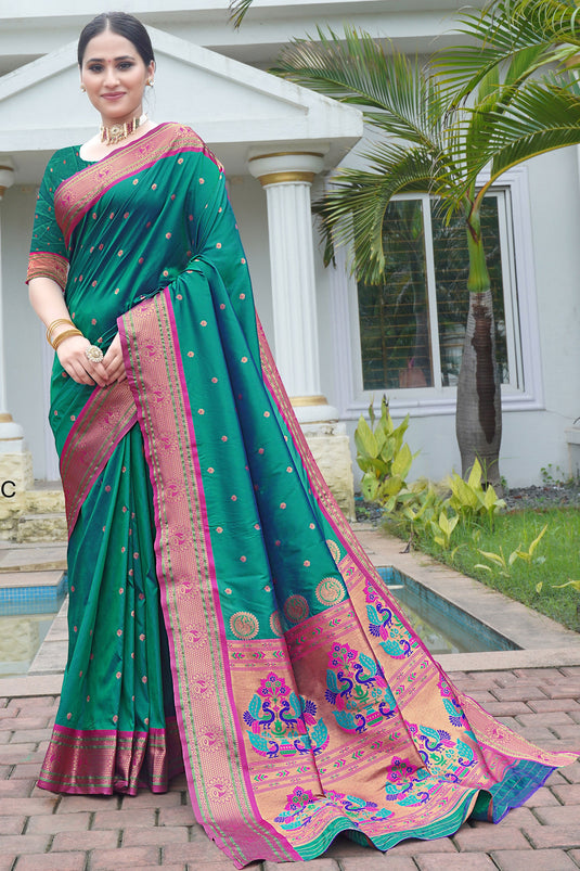 Tempting Art Silk Fabric Dark Green Color Saree With Weaving Work