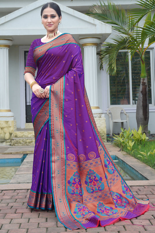 Classic Weaving Work On Purple Color Saree In Art Silk Fabric