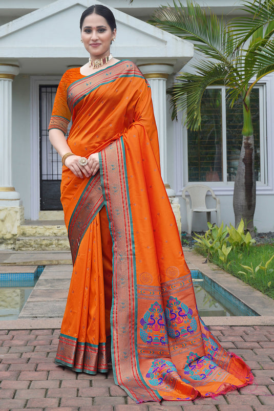 Creative Weaving Work On Saree In Orange Color Art Silk Fabric