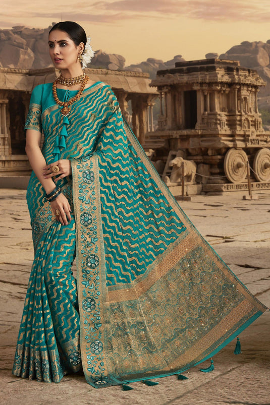 Entrancing Chiffon Fabric Saree In Cyan Color With Border Work