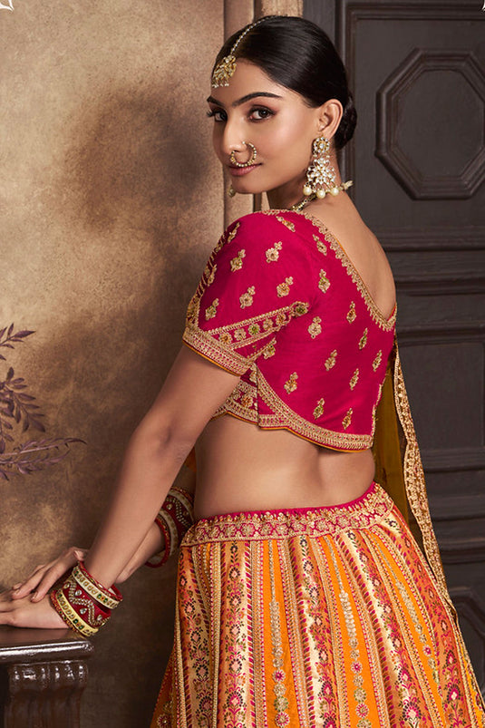 Entrancing Silk Fabric Bridal Lehenga In Mustard Color With Embroidered Work