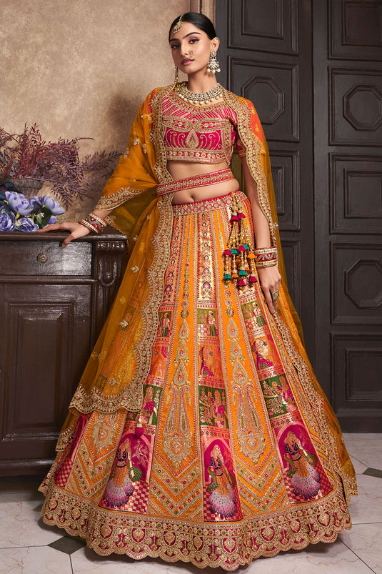 Entrancing Silk Fabric Bridal Lehenga In Mustard Color With Embroidered Work