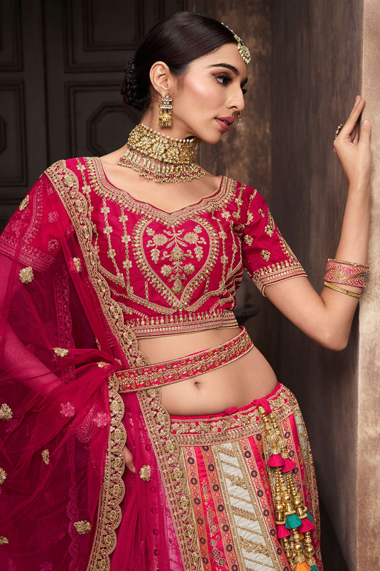 Multi Color Charming Silk Fabric Bridal Lehenga With Embroidered Work