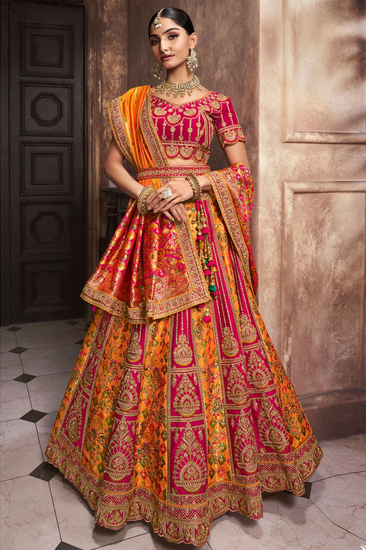 Mesmeric Multi Color Embroidered Work On Bridal Lehenga In Silk Fabric