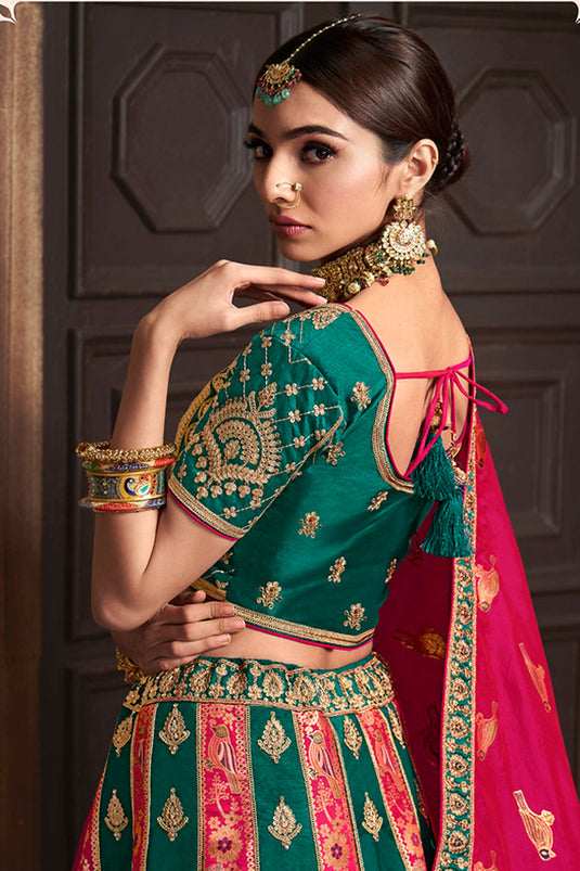 Excellent Silk Fabric Green Color Bridal Lehenga With Embroidered Work