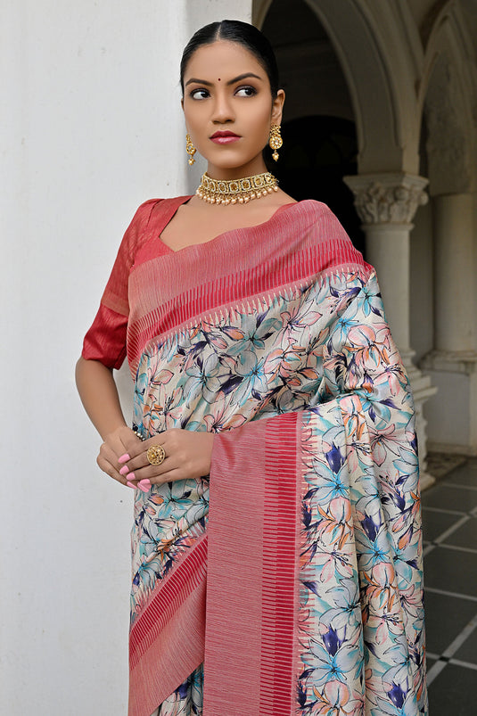 Banarasi Silk Multi Color Excellent Floral Print Zari Weaving Border Saree With Blouse