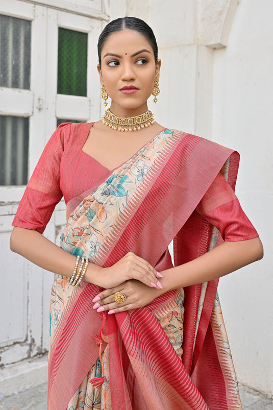Floral Print Zari Weaving Border Multi Color Saree In Banarasi Silk Fabric
