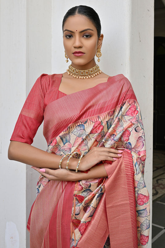 Multi Color Floral Print Zari Weaving Border Banarasi Silk Saree With Blouse