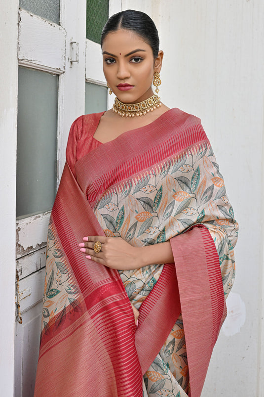 Floral Print Zari Weaving Border Beige Banarasi Silk Festive Wear Saree With Blouse