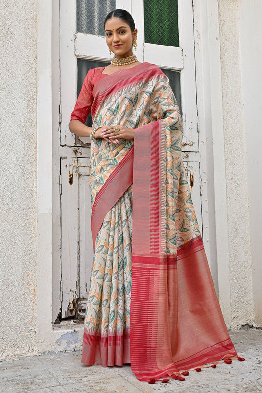 Floral Print Zari Weaving Border Beige Banarasi Silk Festive Wear Saree With Blouse