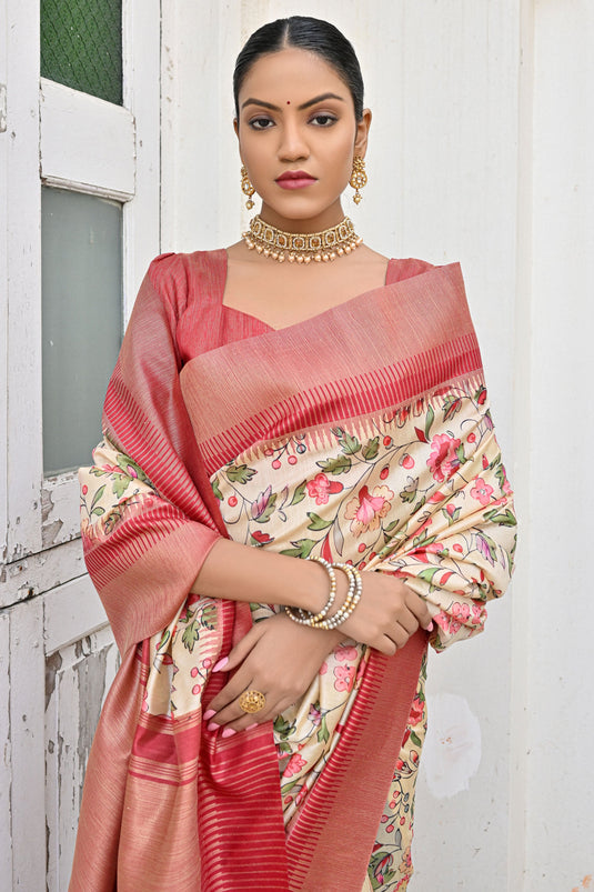 Beige Banarasi Silk Floral Print Zari Weaving Border Saree With Blouse