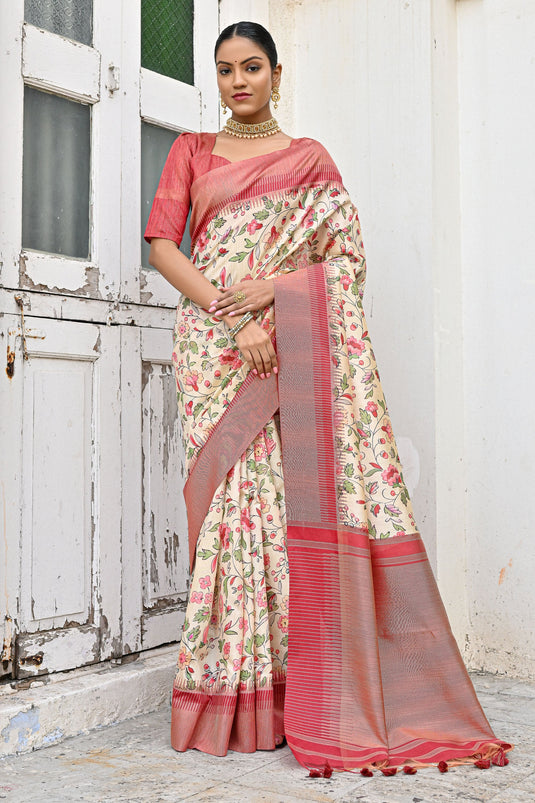 Beige Banarasi Silk Floral Print Zari Weaving Border Saree With Blouse