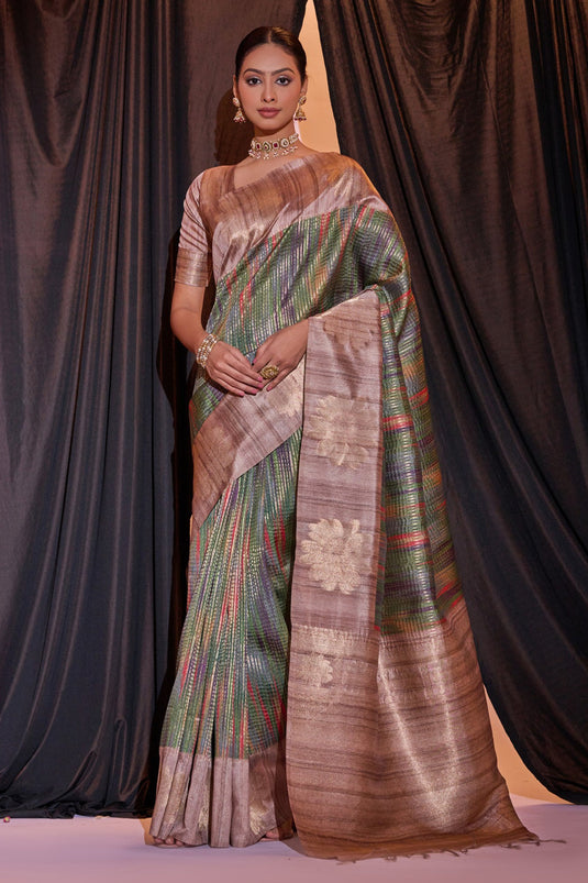 Green Color Tussar Silk Fancy Weaving Print Saree