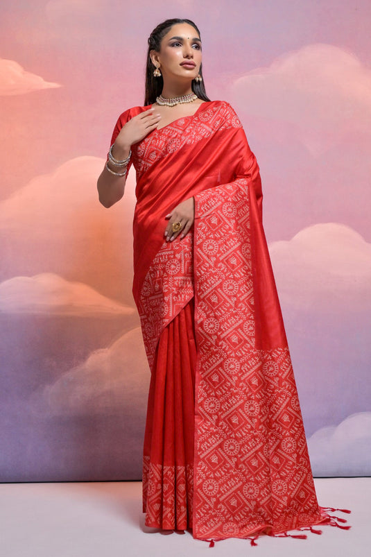 Red Color Weaving Border Work Function Wear Handloom Raw Silk Saree