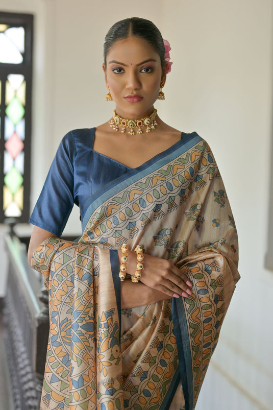 Madhubani Printed Beige Color Saree In Soft Tussar Silk Fabric