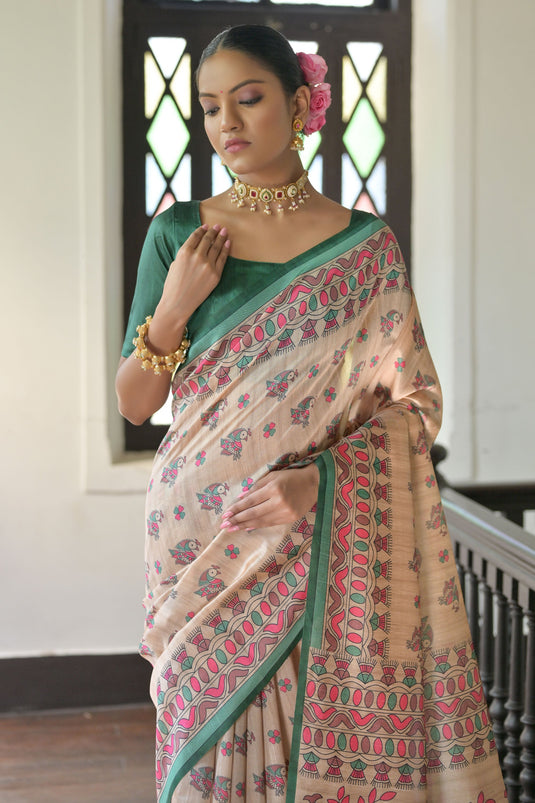 Beige Color Madhubani Printed Soft Tussar Silk Saree With Blouse