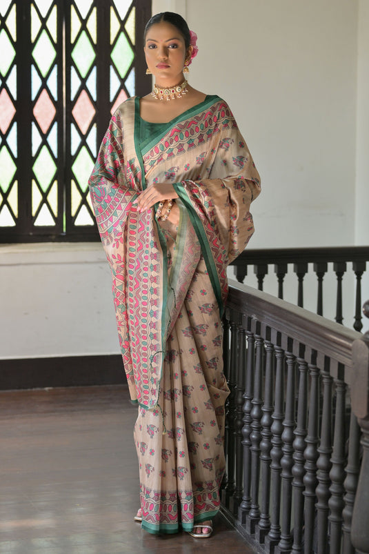 Beige Color Madhubani Printed Soft Tussar Silk Saree With Blouse