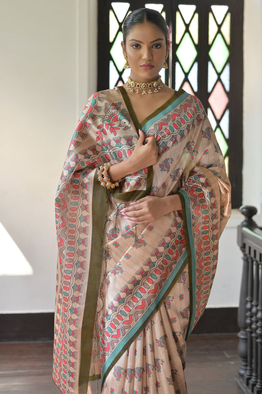 Madhubani Printed Beige Color Soft Tussar Silk Daily Wear Saree With Blouse
