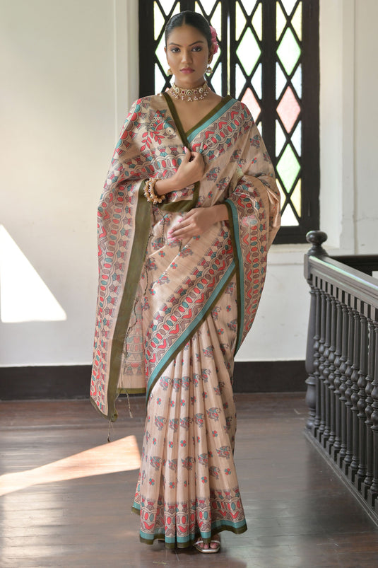 Madhubani Printed Beige Color Soft Tussar Silk Daily Wear Saree With Blouse