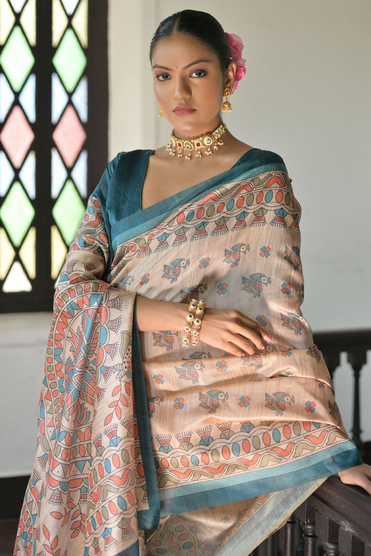 Beige Color Soft Tussar Silk Madhubani Printed Saree With Blouse