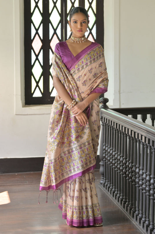 Soft Tussar Silk Beige Color Excellent Madhubani Printed Saree With Blouse