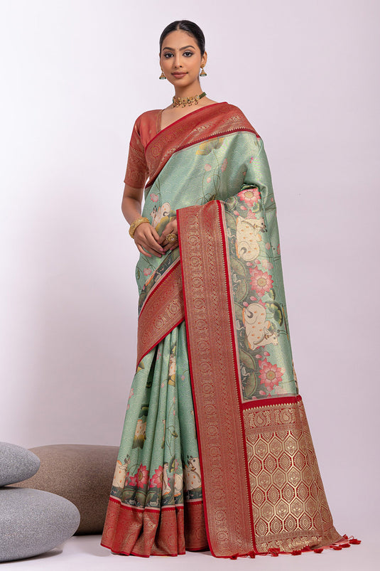 Tissue Silk Sea Green Color Fancy Zari Weaving With Pichway Printed Sangeet Wear Saree