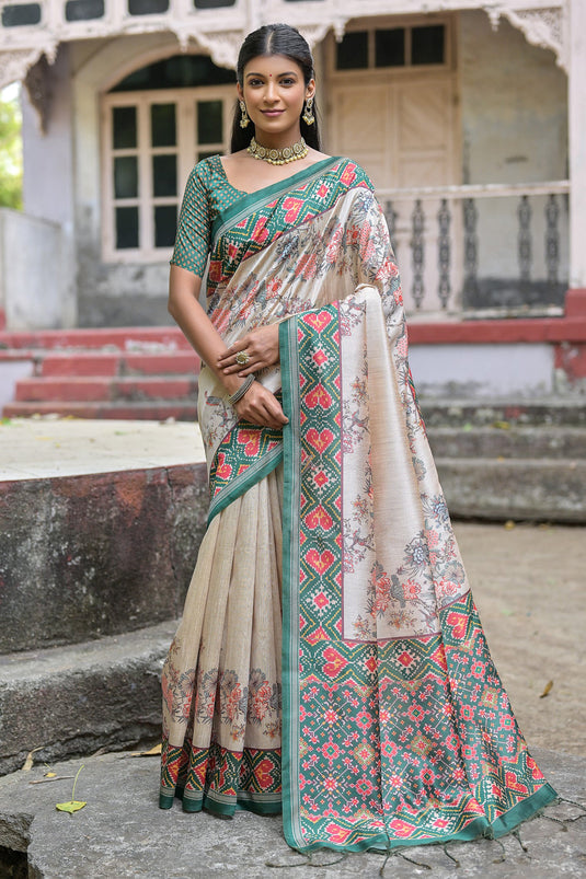 Daily Wear Soft Tussar Silk Fabric Floral Printed Green Color Saree
