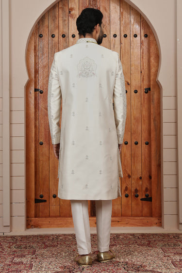 Heavy Embroidered Art Silk Beige Groom Sherwani
