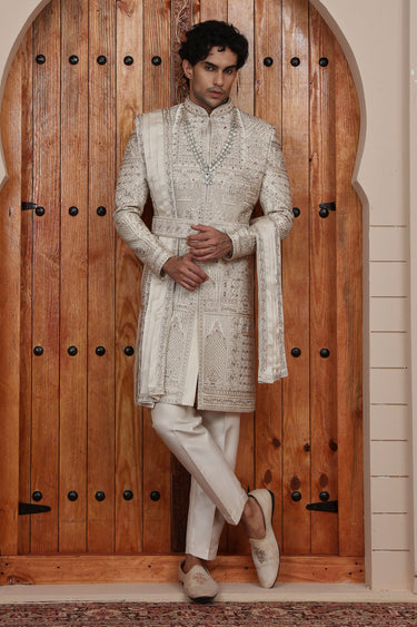 Regal Art Silk Heavy Hand Embroidered Beige Groom Sherwani