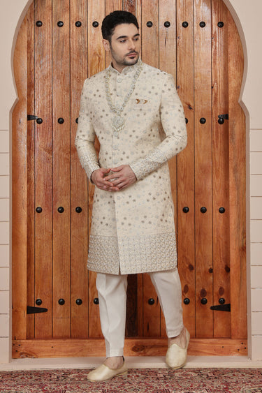 Heritage Art Silk Beige Hand Embroidered Indo Western Groom Sherwani