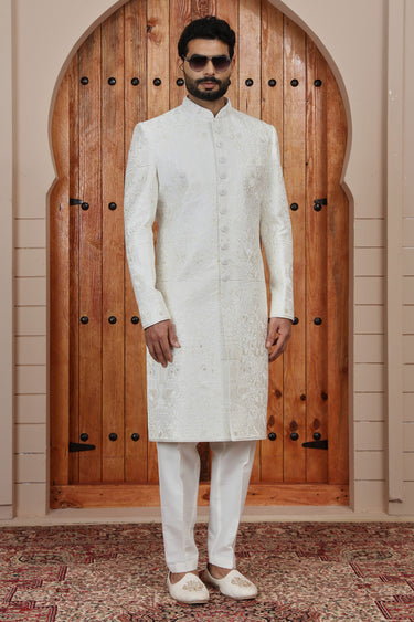 Royal Art Silk Off White Handwork Indo Western Wedding Sherwani