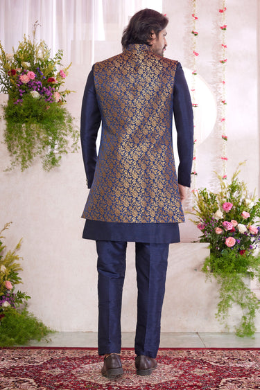 Blue Jacquard Art Silk Graceful Readymade Men Indo Western For Wedding Wear