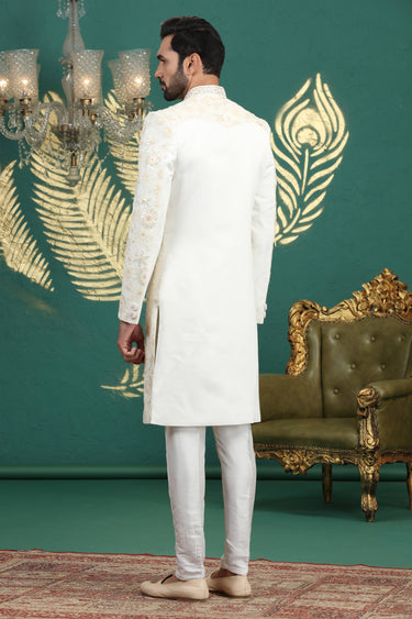 Off White Art Silk Heavy Embroidered Sherwani